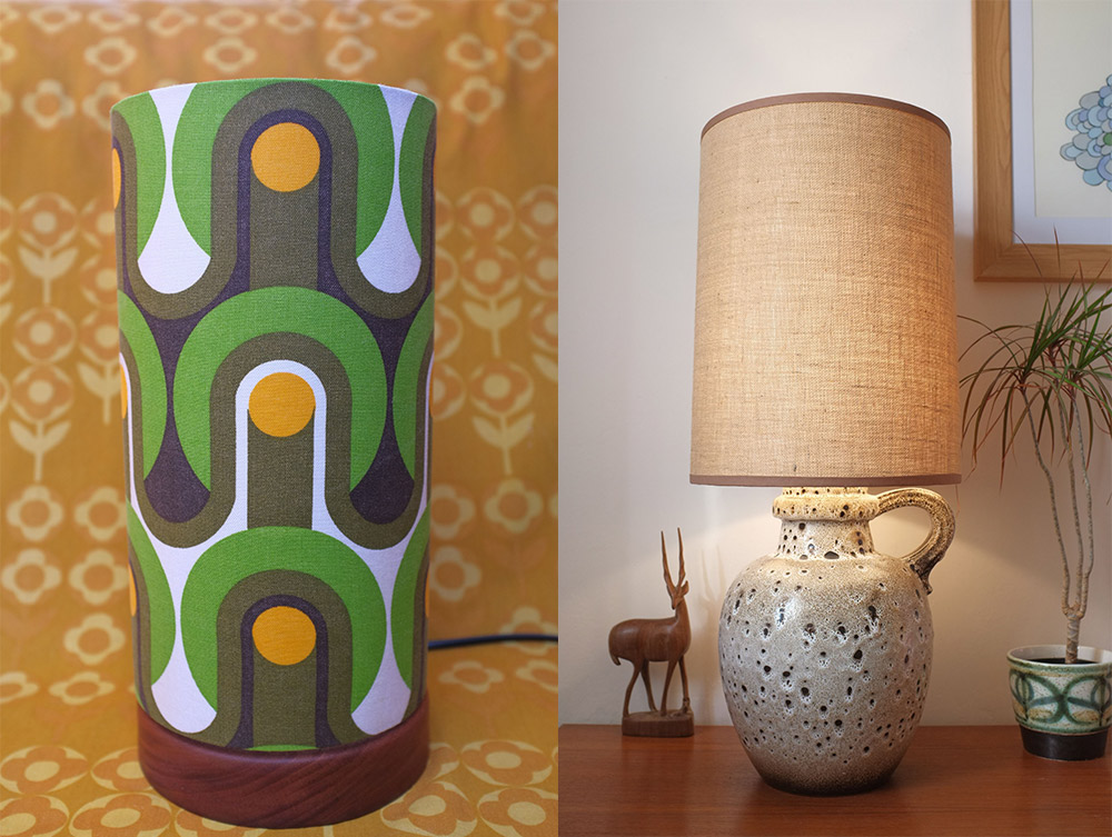 Green retro lampshade on a handmade wooden base
