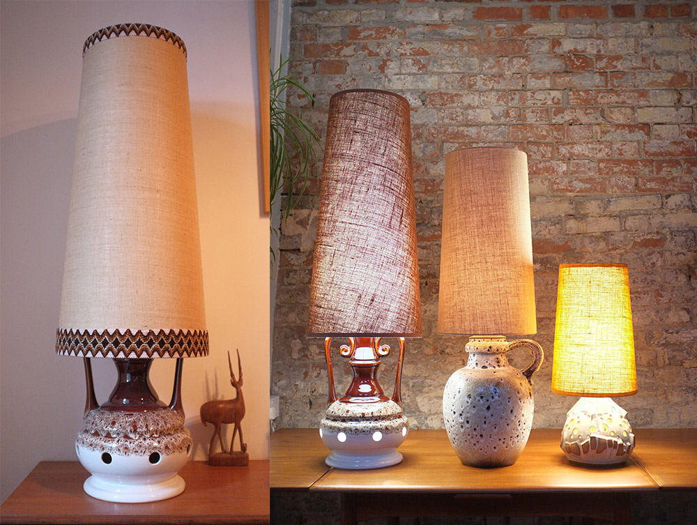 A range of beige lamp shades including a fat lava shade
